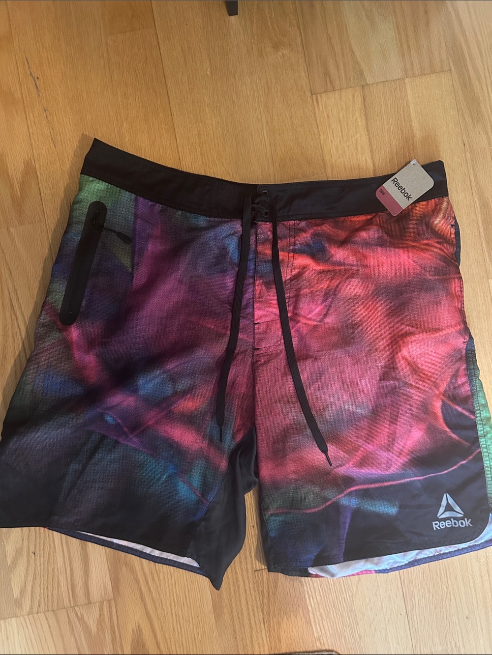 Reebok Men's Black Waist Multicolor Wave Swim Shorts